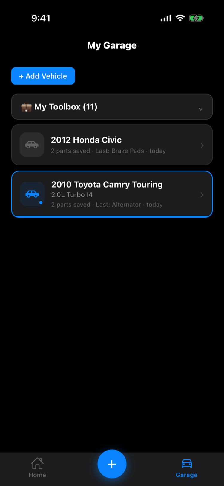 repAIr: Garage app — My Garage tab showing a 2012 Honda Civic and 2010 Toyota Camry with saved parts and a toolbox