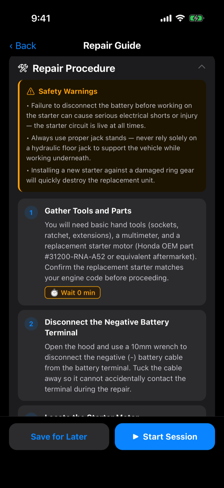 Repair guide screen with safety warnings and numbered steps for a starter motor replacement