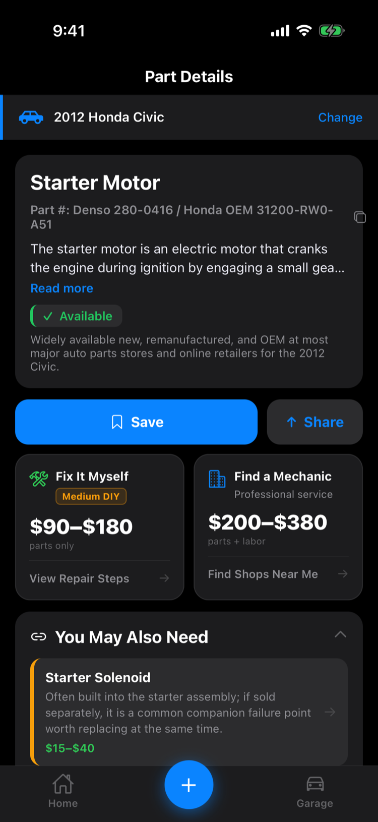 Part details screen comparing Fix It Myself at $90–$180 parts only against Find a Mechanic at $200–$380 parts plus labor