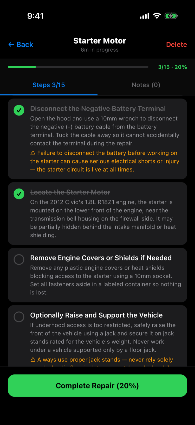Live repair session at 3 of 15 steps with completed steps checked off and progress at 20%